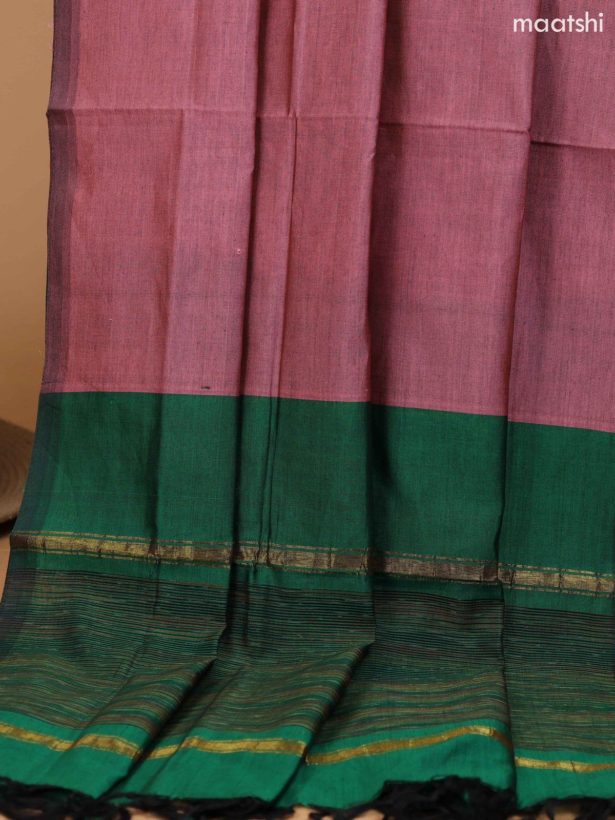 Green and Peach Pink Ikat Dress Material With Plain Body & Ikat Weaves Border and Bottom & Dupatta