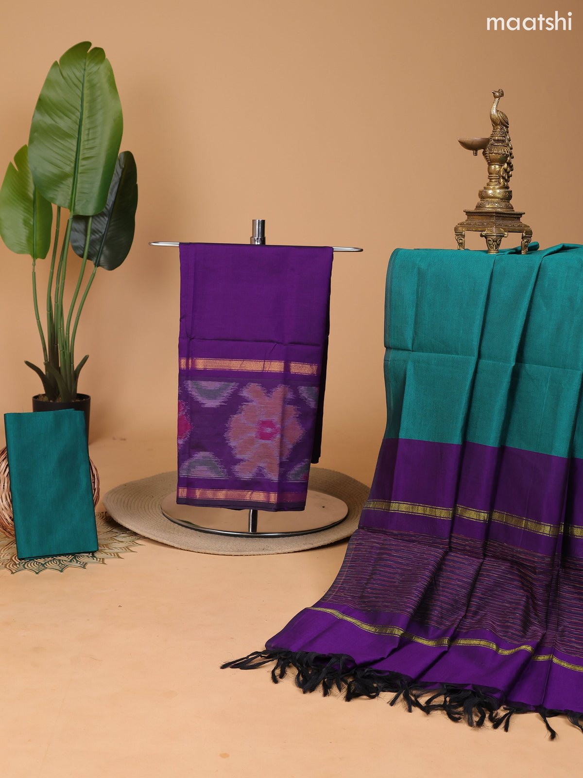 Violet and Peacock Green Ikat Dress Material With Plain Body & Ikat Weaves Border and Bottom & Dupatta