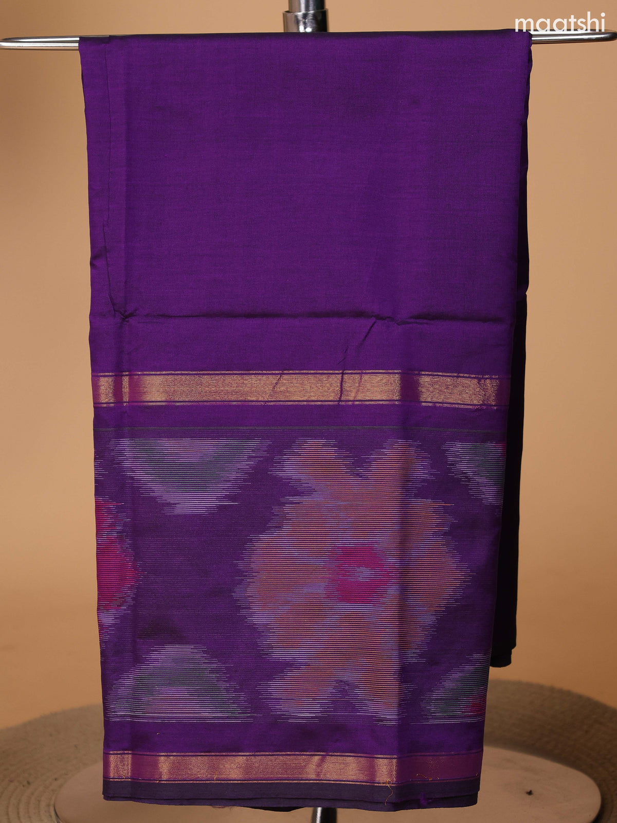Violet and Peacock Green Ikat Dress Material With Plain Body & Ikat Weaves Border and Bottom & Dupatta