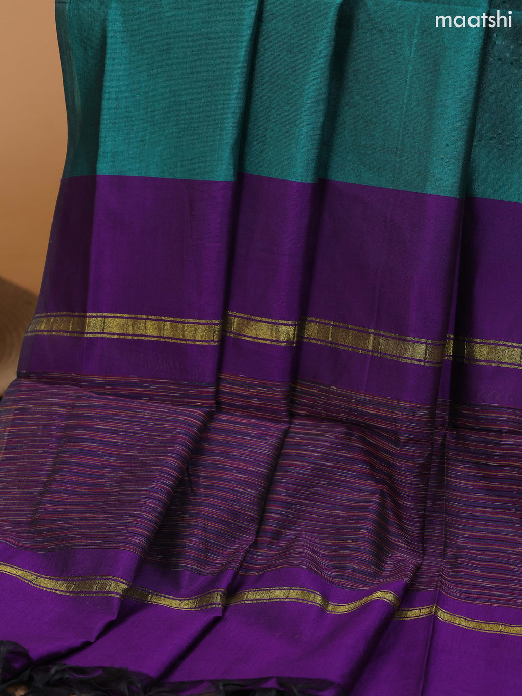 Violet and Peacock Green Ikat Dress Material With Plain Body & Ikat Weaves Border and Bottom & Dupatta