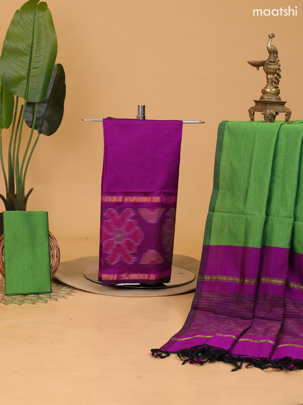 Purple and Green Ikat Dress Material With Plain Body & Ikat Weaves Border and Bottom & Dupatta