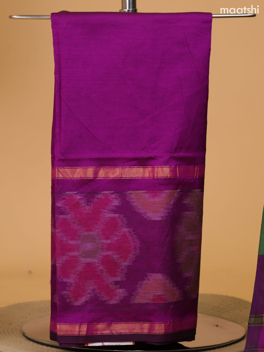 Purple and Green Ikat Dress Material With Plain Body & Ikat Weaves Border and Bottom & Dupatta