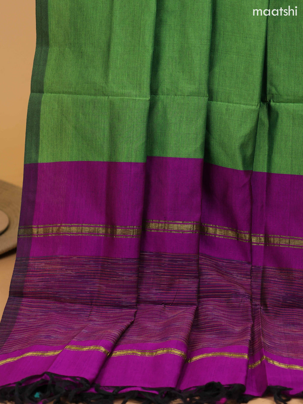 Purple and Green Ikat Dress Material With Plain Body & Ikat Weaves Border and Bottom & Dupatta