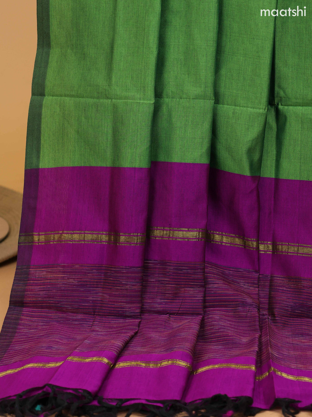 Purple and Green Ikat Dress Material With Plain Body & Ikat Weaves Border and Bottom & Dupatta