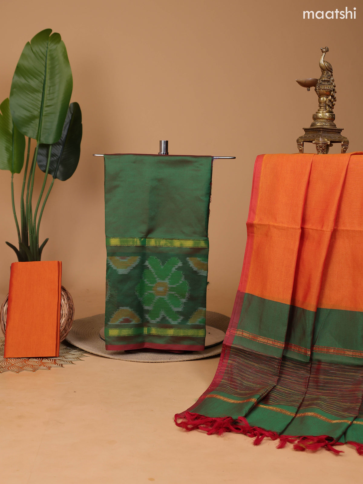 Dual Shade Of Green and Mango Yellow Ikat Dress Material With Plain Body & Ikat Weaves Border and Bottom & Dupatta