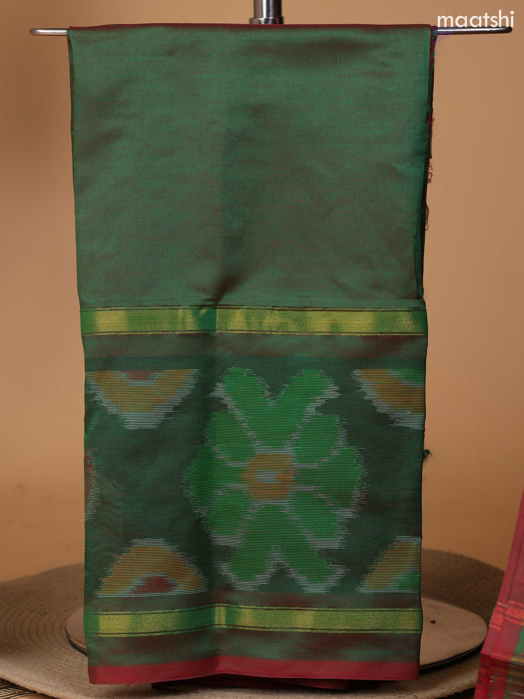 Dual Shade Of Green and Mango Yellow Ikat Dress Material With Plain Body & Ikat Weaves Border and Bottom & Dupatta