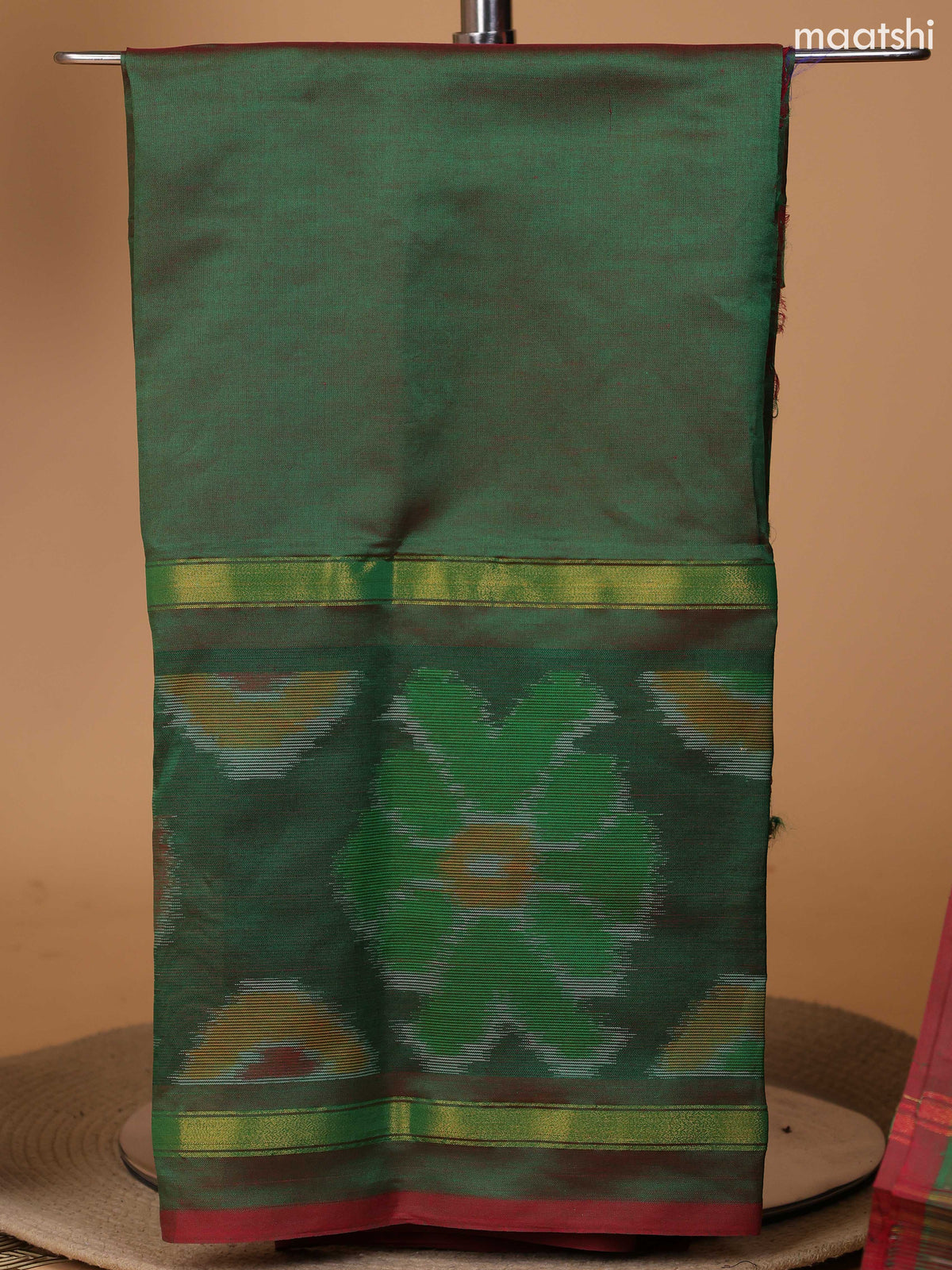 Dual Shade Of Green and Mango Yellow Ikat Dress Material With Plain Body & Ikat Weaves Border and Bottom & Dupatta