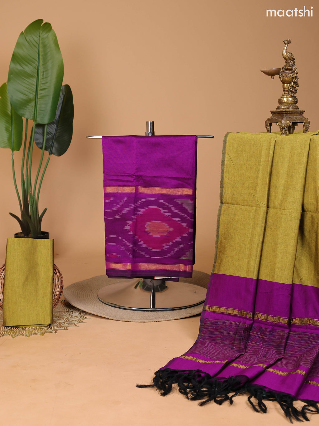 Purple and Mustard Green Ikat Dress Material With Plain Body & Ikat Weaves Border and Bottom & Dupatta
