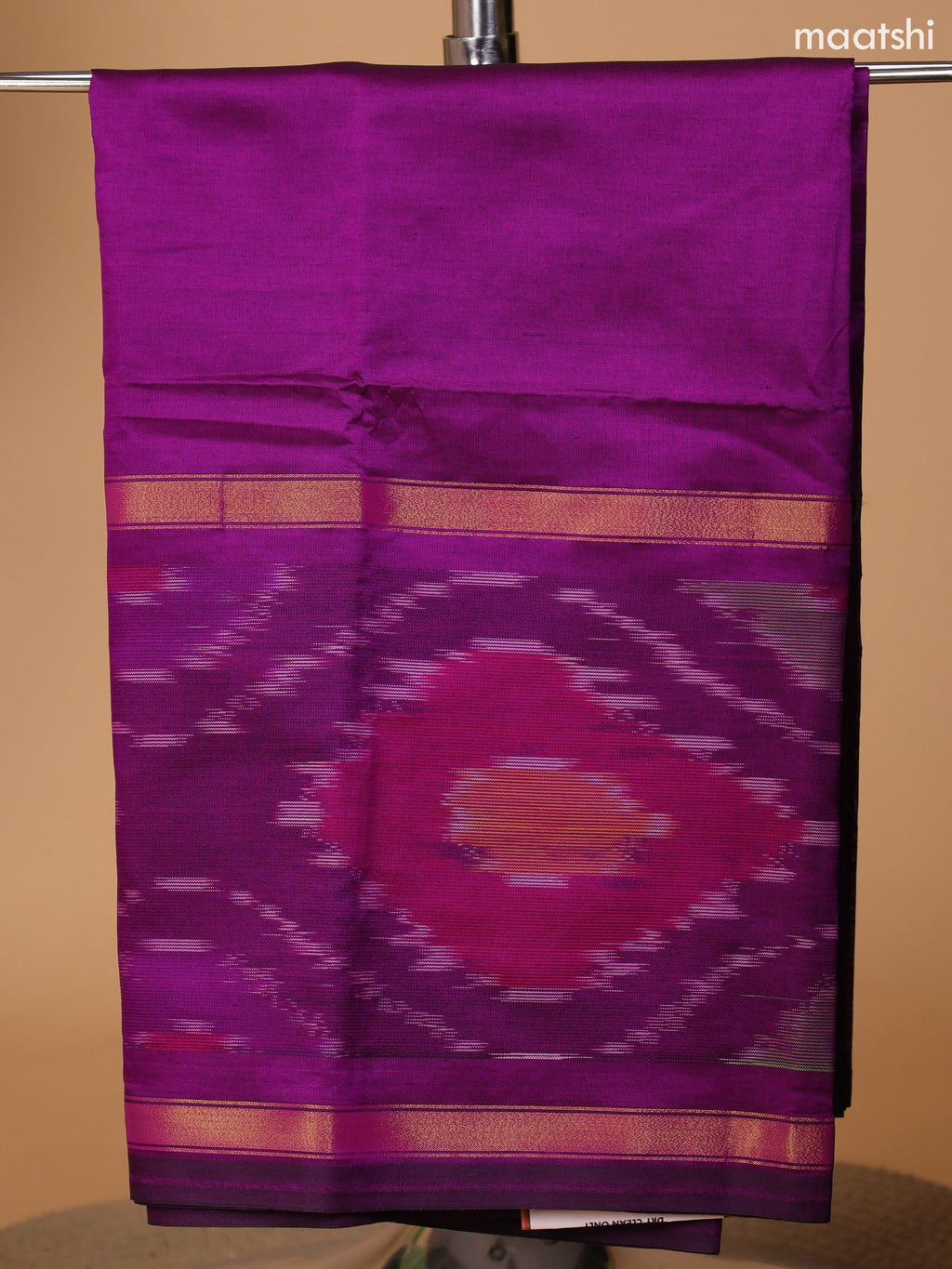 Purple and Mustard Green Ikat Dress Material With Plain Body & Ikat Weaves Border and Bottom & Dupatta