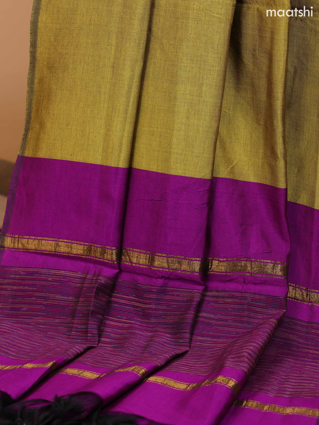 Purple and Mustard Green Ikat Dress Material With Plain Body & Ikat Weaves Border and Bottom & Dupatta
