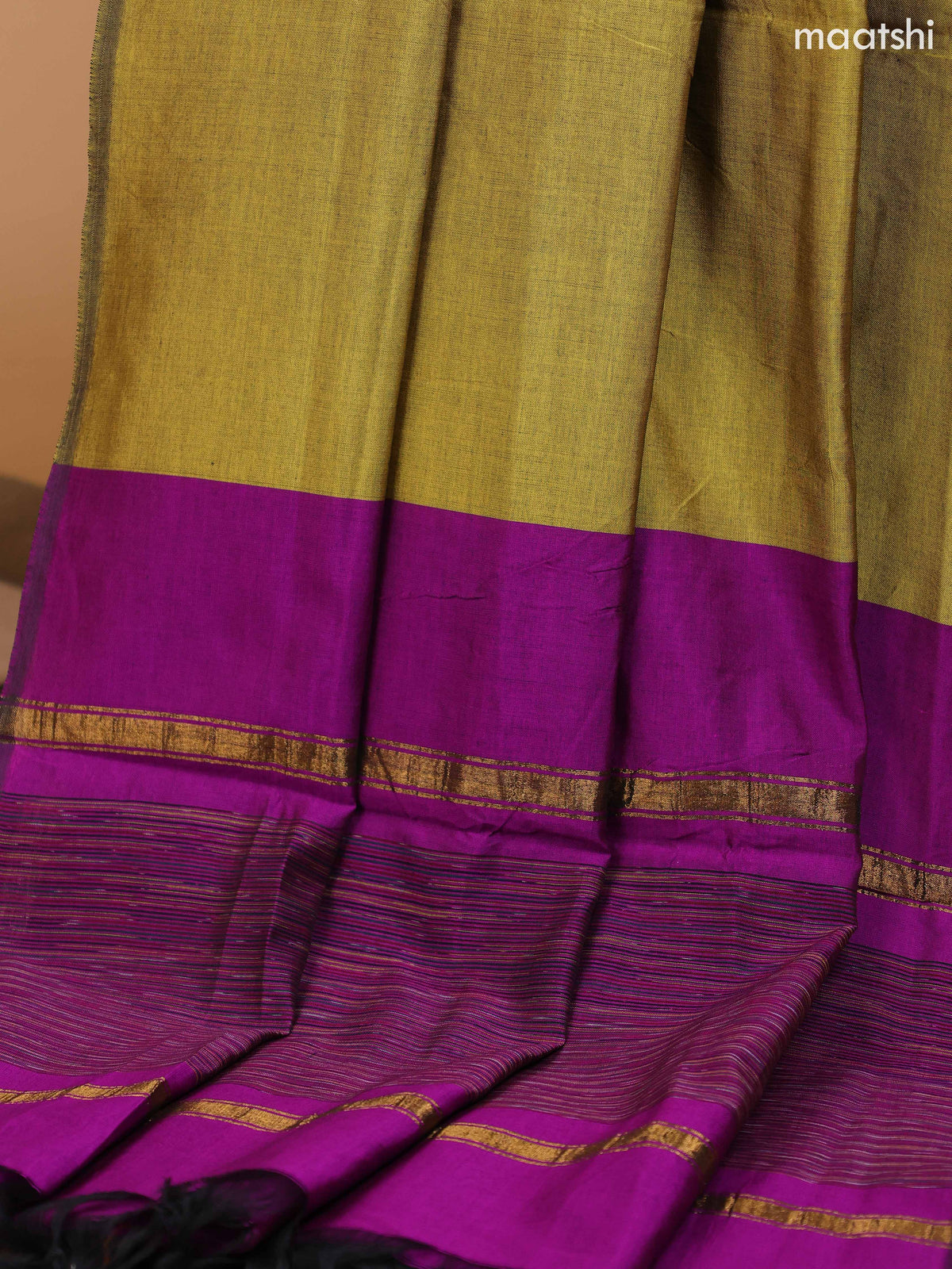 Purple and Mustard Green Ikat Dress Material With Plain Body & Ikat Weaves Border and Bottom & Dupatta