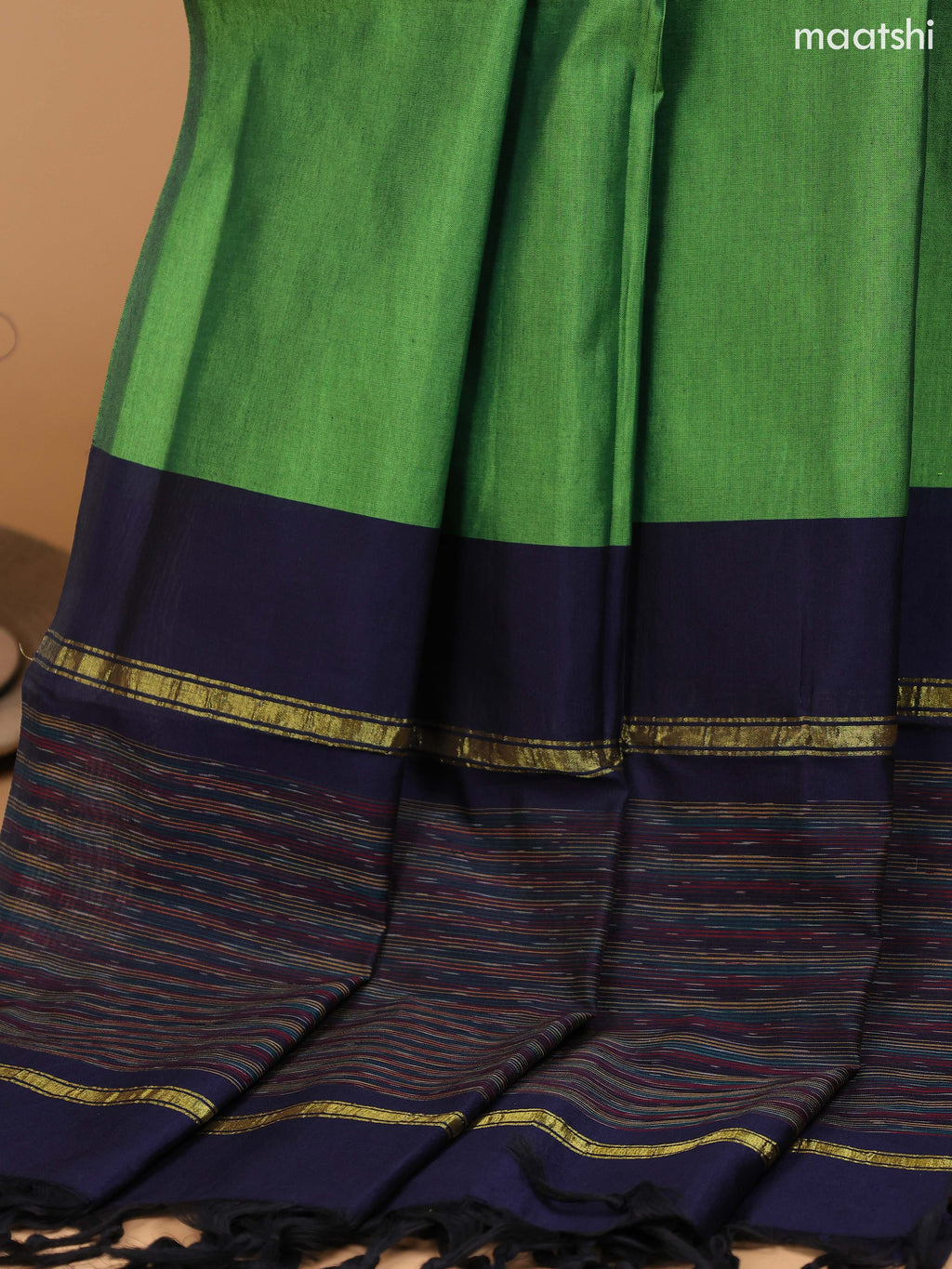 Deep Navy Blue and Green Ikat Dress Material With Ikat Weaves and Bottom & Dupatta