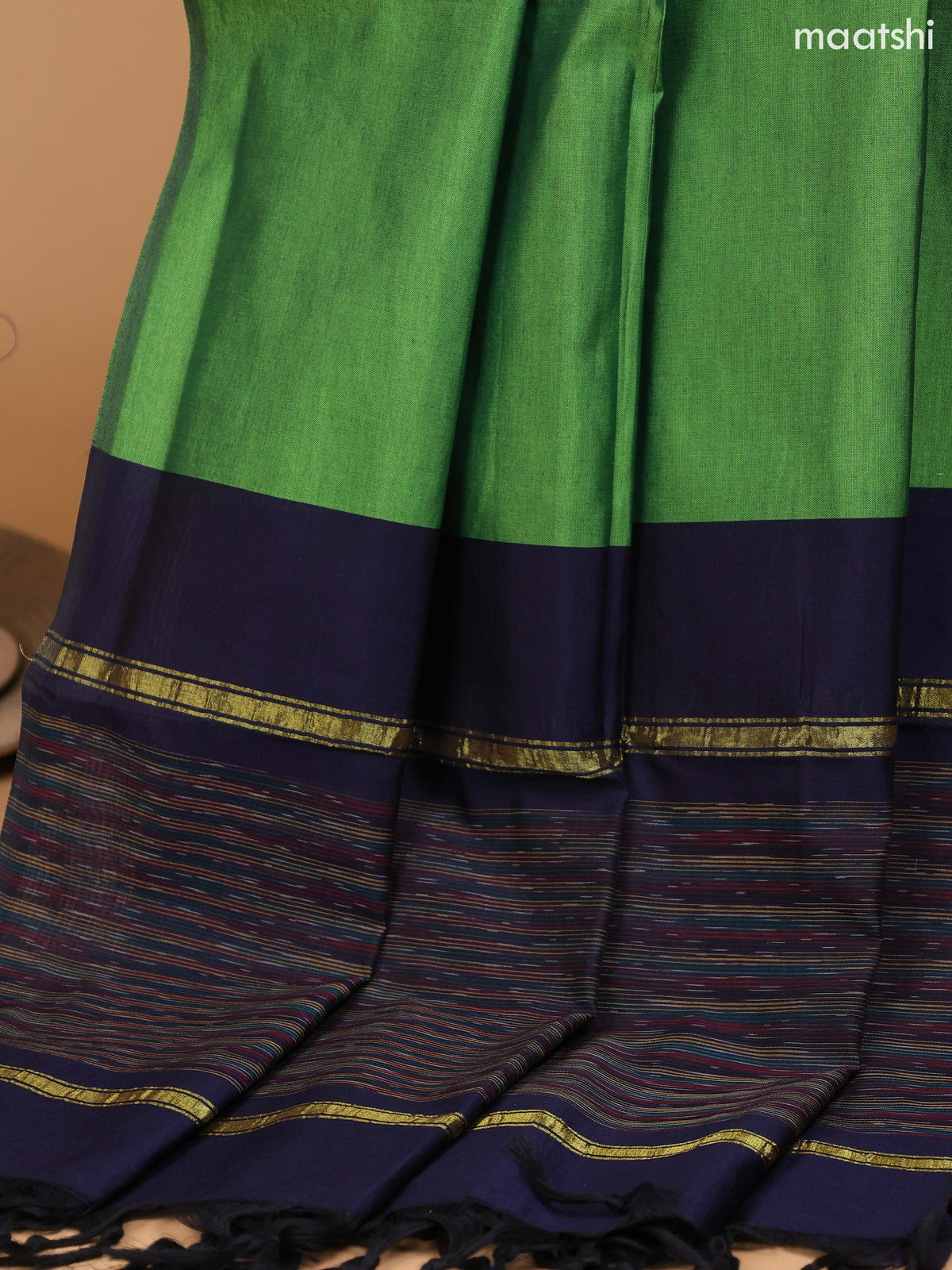 Deep Navy Blue and Green Ikat Dress Material With Ikat Weaves and Bottom & Dupatta