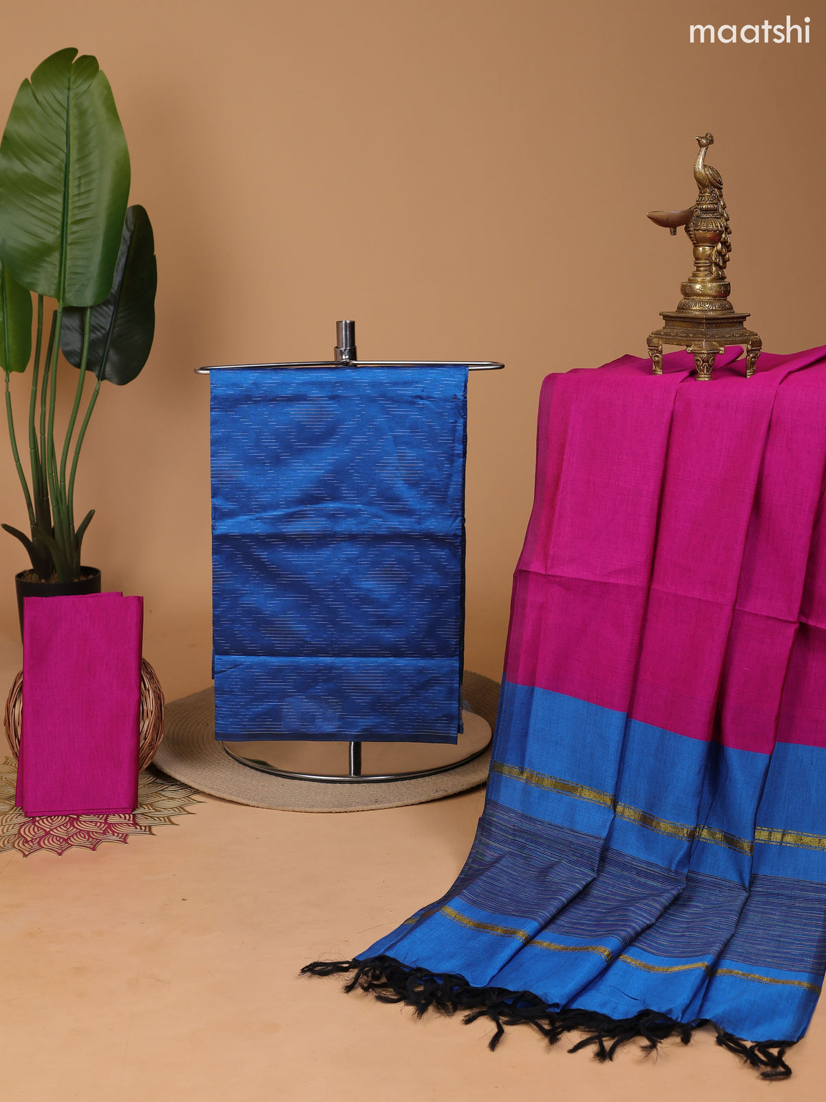 Teal Blue and Magenta Pink Ikat Dress Material With Ikat Weaves and Bottom & Dupatta