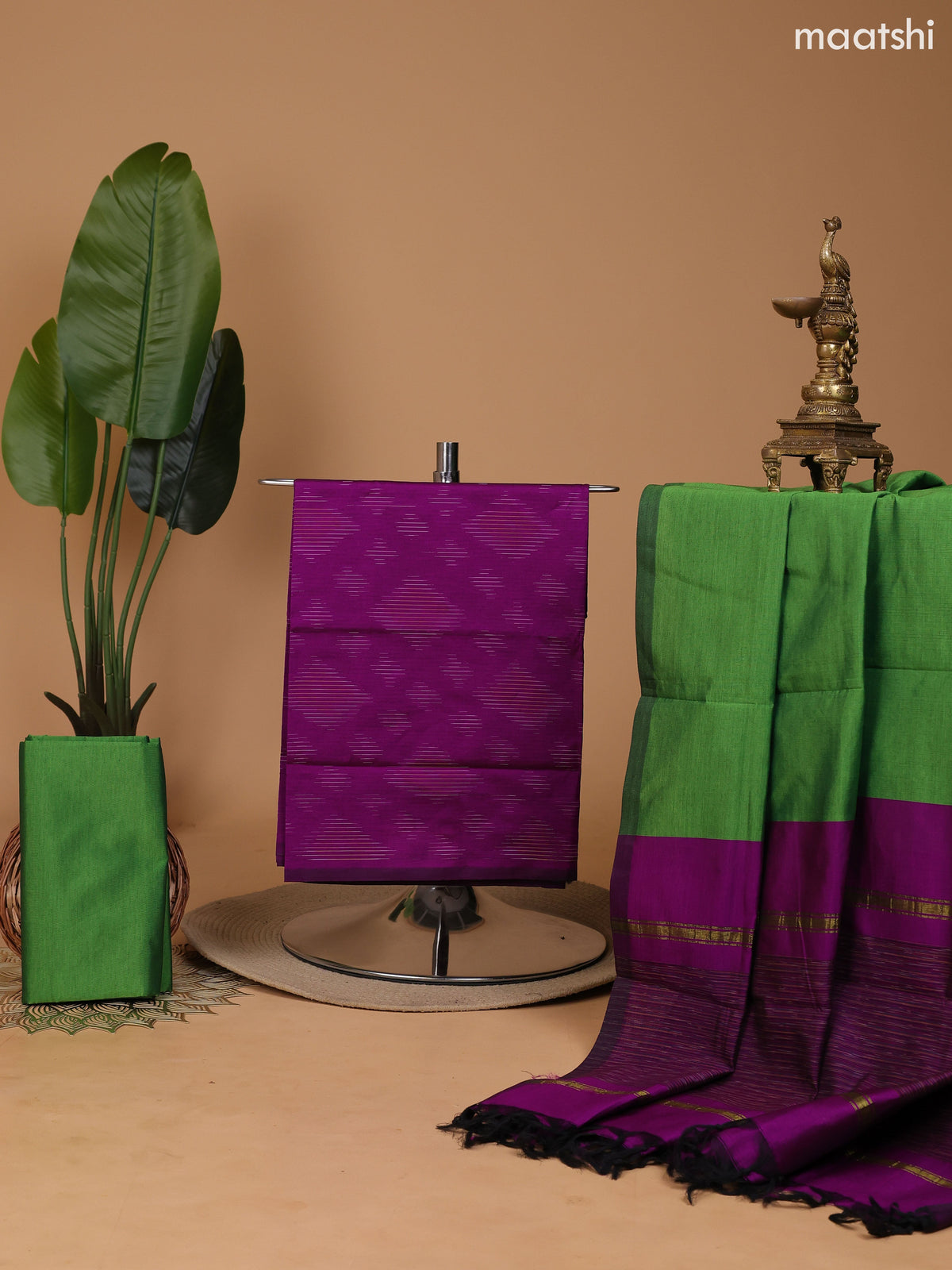 Purple and Green Ikat Dress Material With Ikat Weaves and Bottom & Dupatta