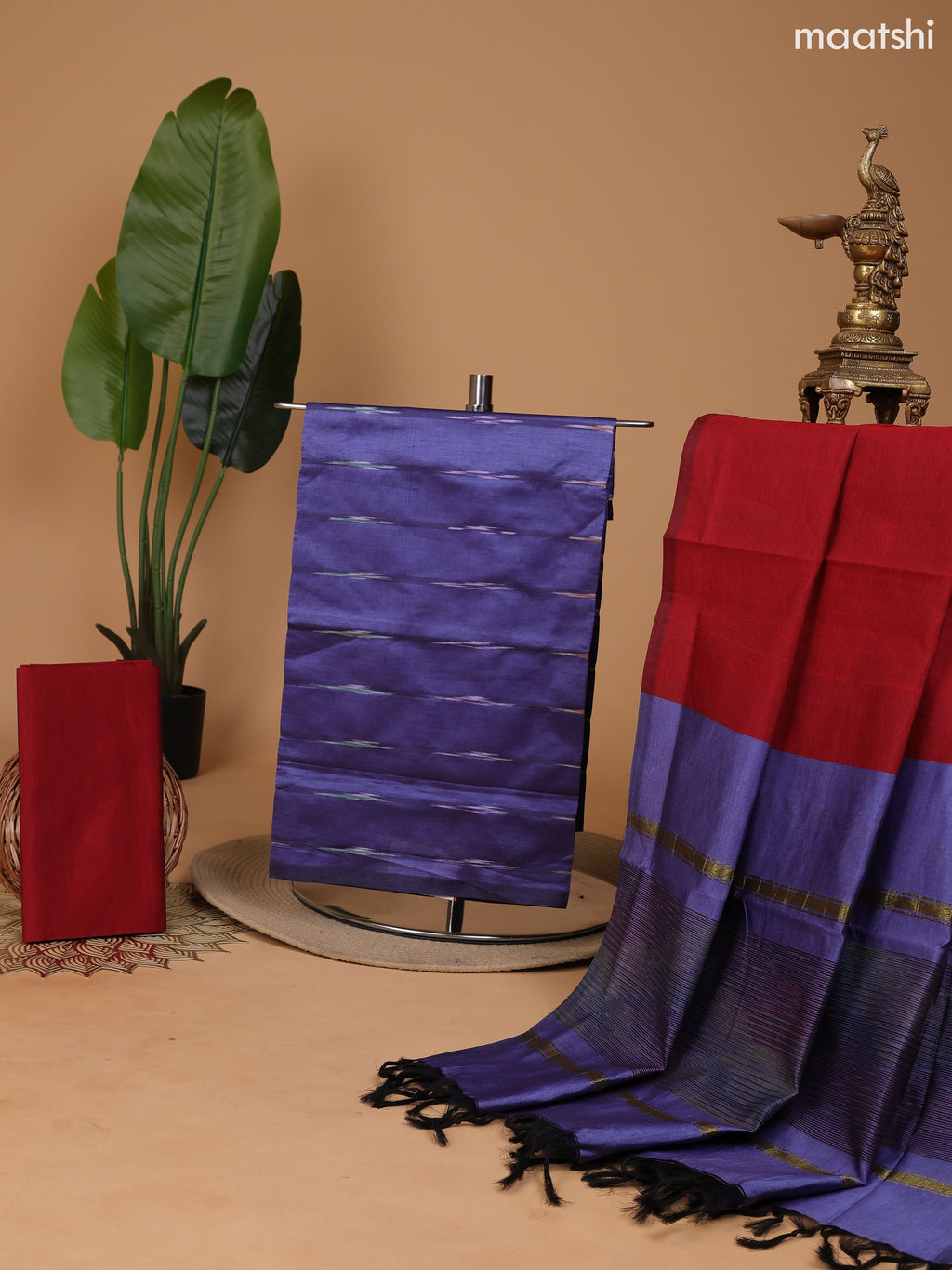 Bluish Grey and Rust Ikat Dress Material With Ikat Weaves and Bottom & Dupatta