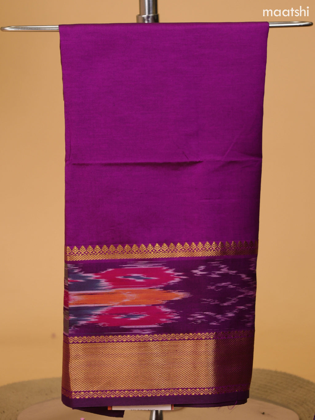 Purple and Mustard Green Ikat Dress Material With Plain Body & Ikat Weaves and Zari Border and Bottom & Dupatta