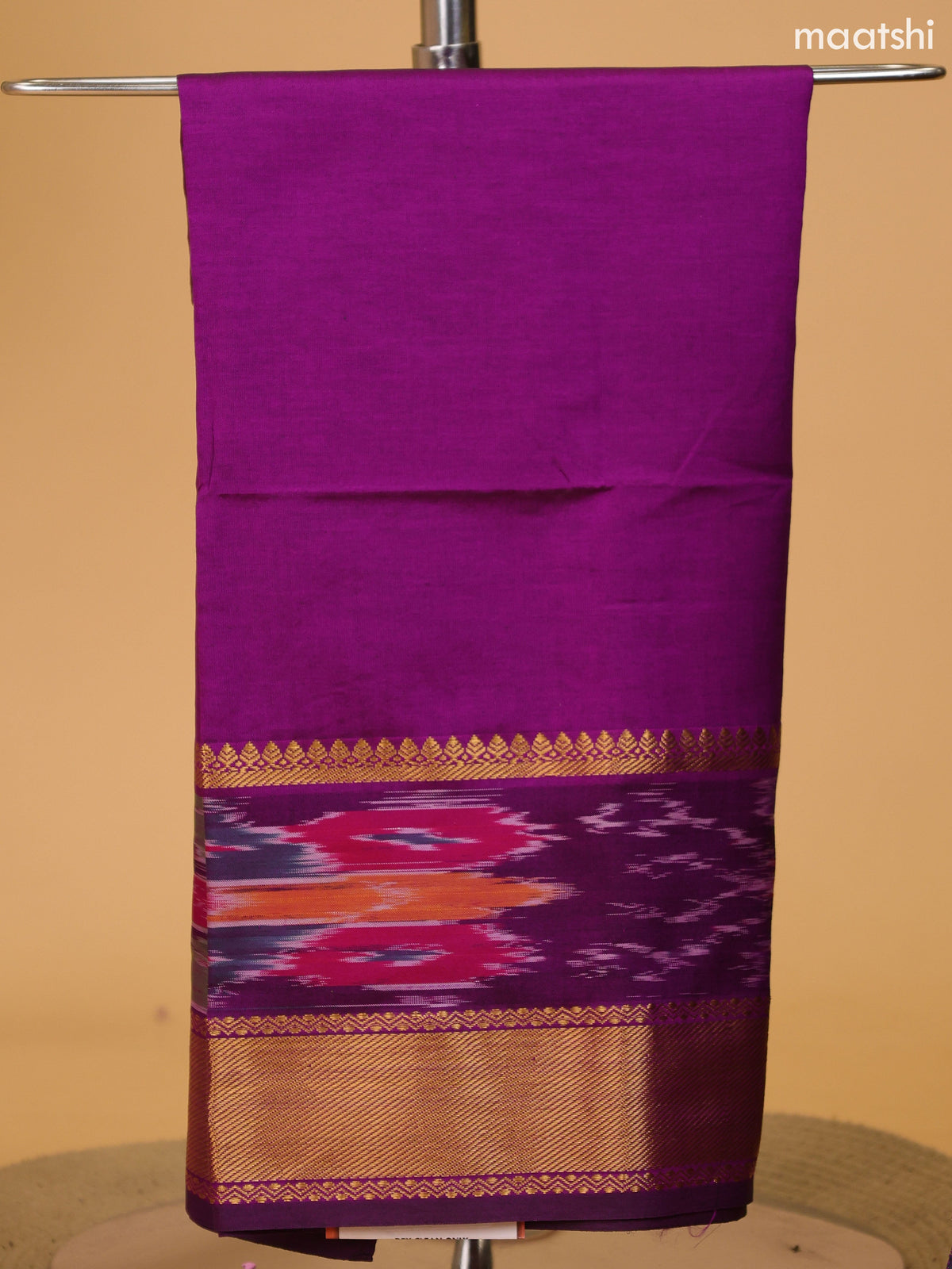 Purple and Mustard Green Ikat Dress Material With Plain Body & Ikat Weaves and Zari Border and Bottom & Dupatta