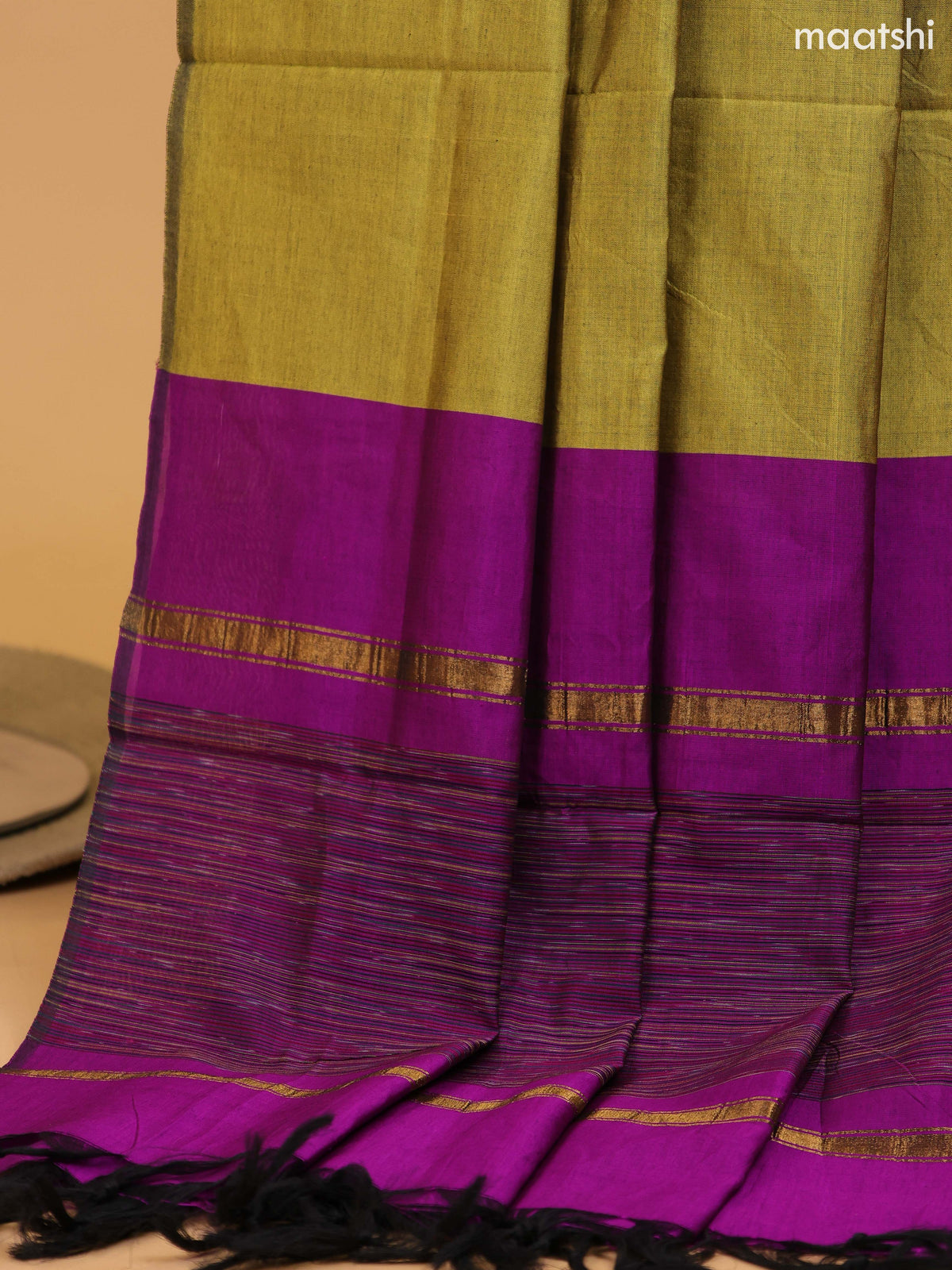 Purple and Mustard Green Ikat Dress Material With Plain Body & Ikat Weaves and Zari Border and Bottom & Dupatta