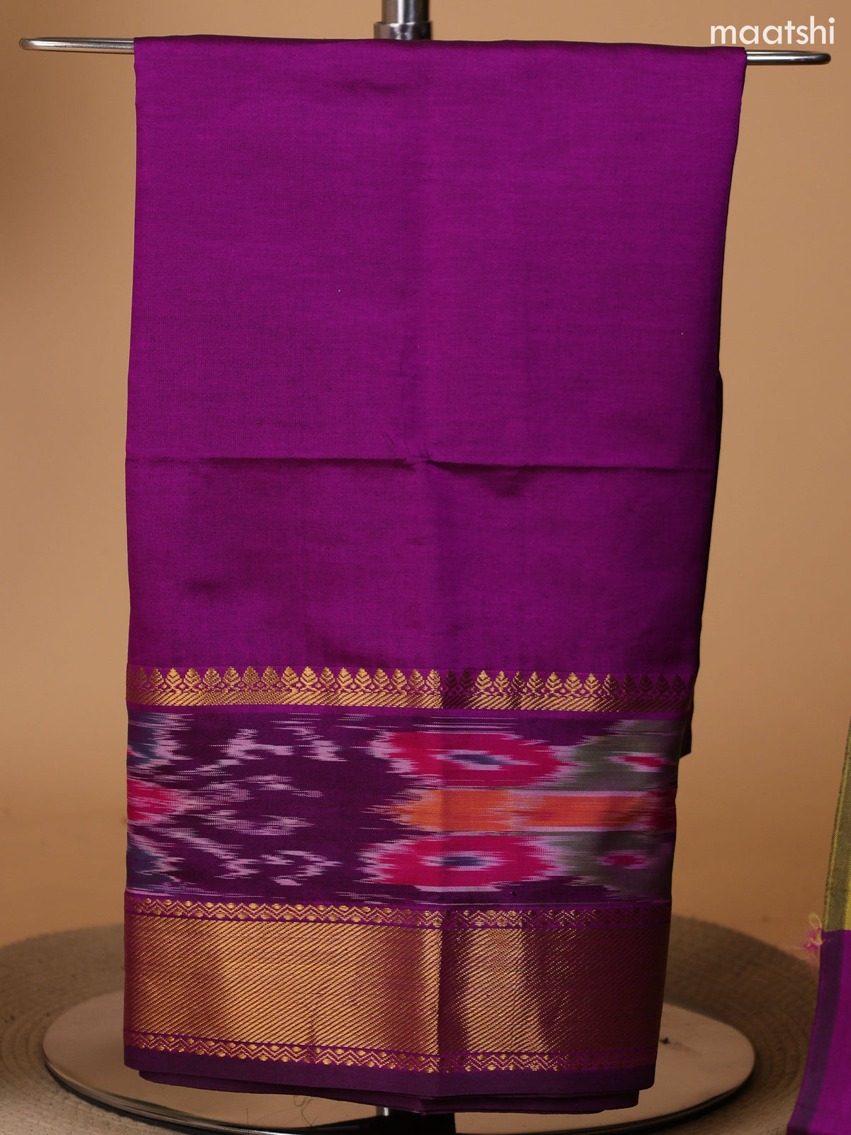 Purple and Mustard Green Ikat Dress Material With Plain Body & Ikat Weaves and Zari Border and Bottom & Dupatta