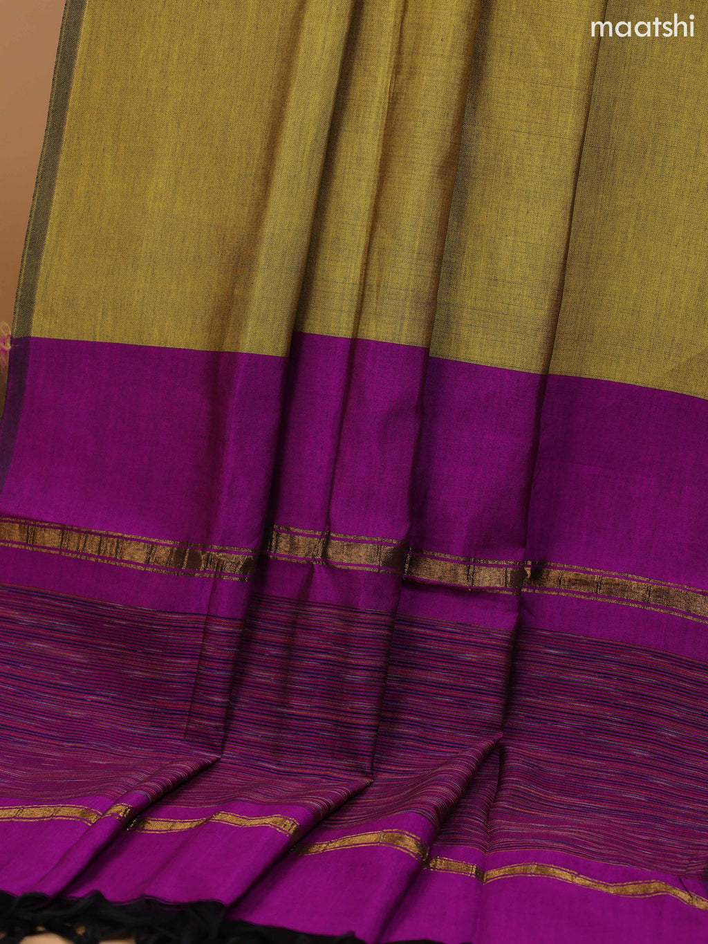 Purple and Mustard Green Ikat Dress Material With Plain Body & Ikat Weaves and Zari Border and Bottom & Dupatta