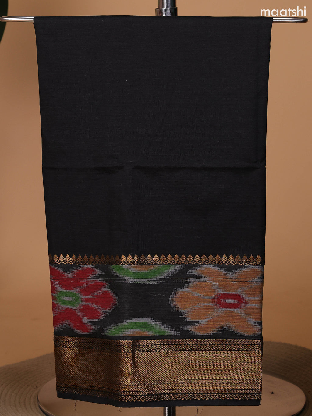 Black and Teal Green Ikat Dress Material With Plain Body & Ikat Weaves and Zari Border and Bottom & Dupatta