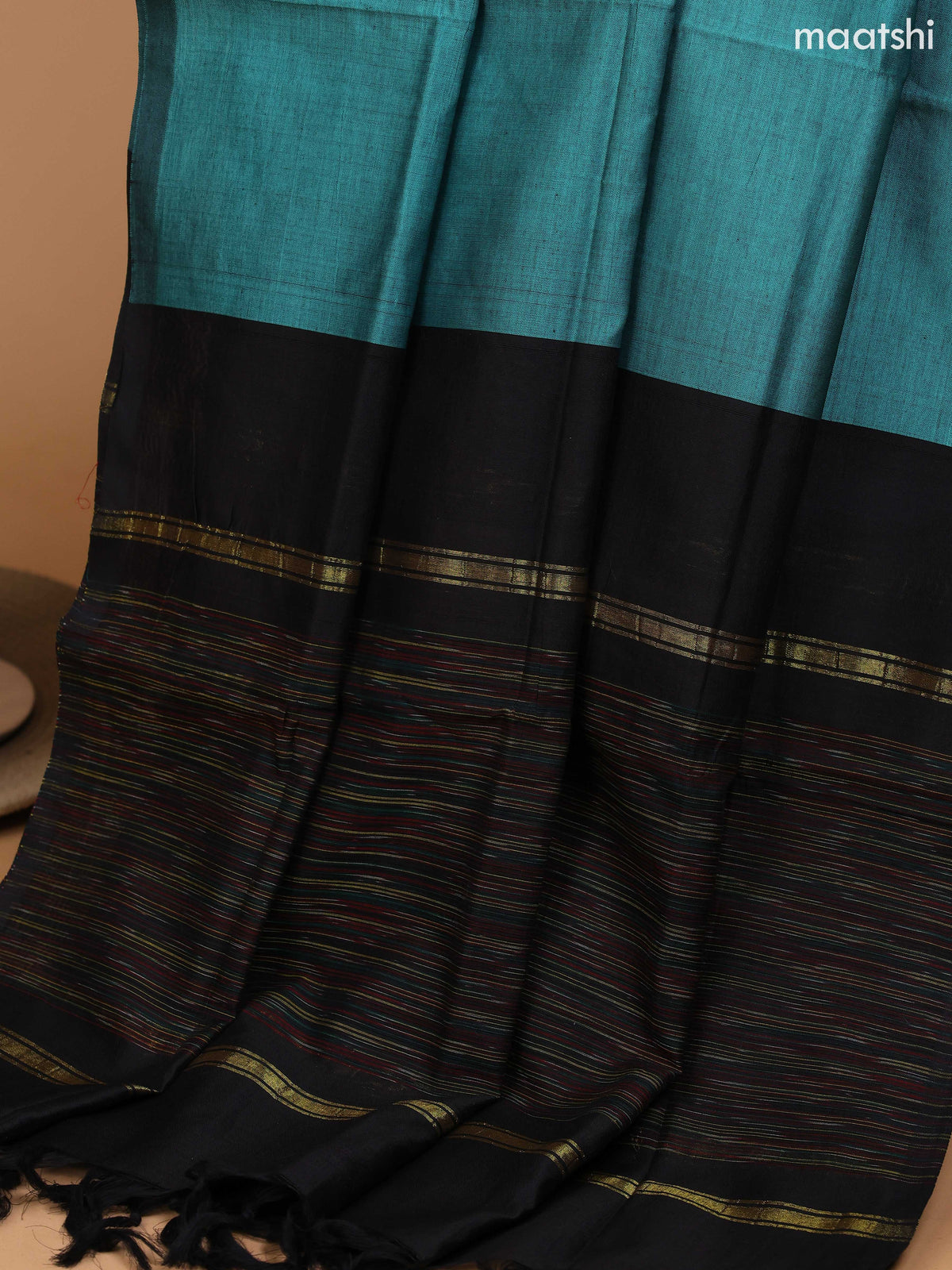 Black and Teal Green Ikat Dress Material With Plain Body & Ikat Weaves and Zari Border and Bottom & Dupatta