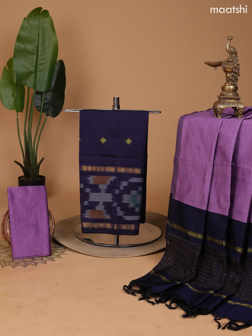 Deep Navy Blue and Lavender Ikat Dress Material With Thread Buttas and Bottom & Dupatta