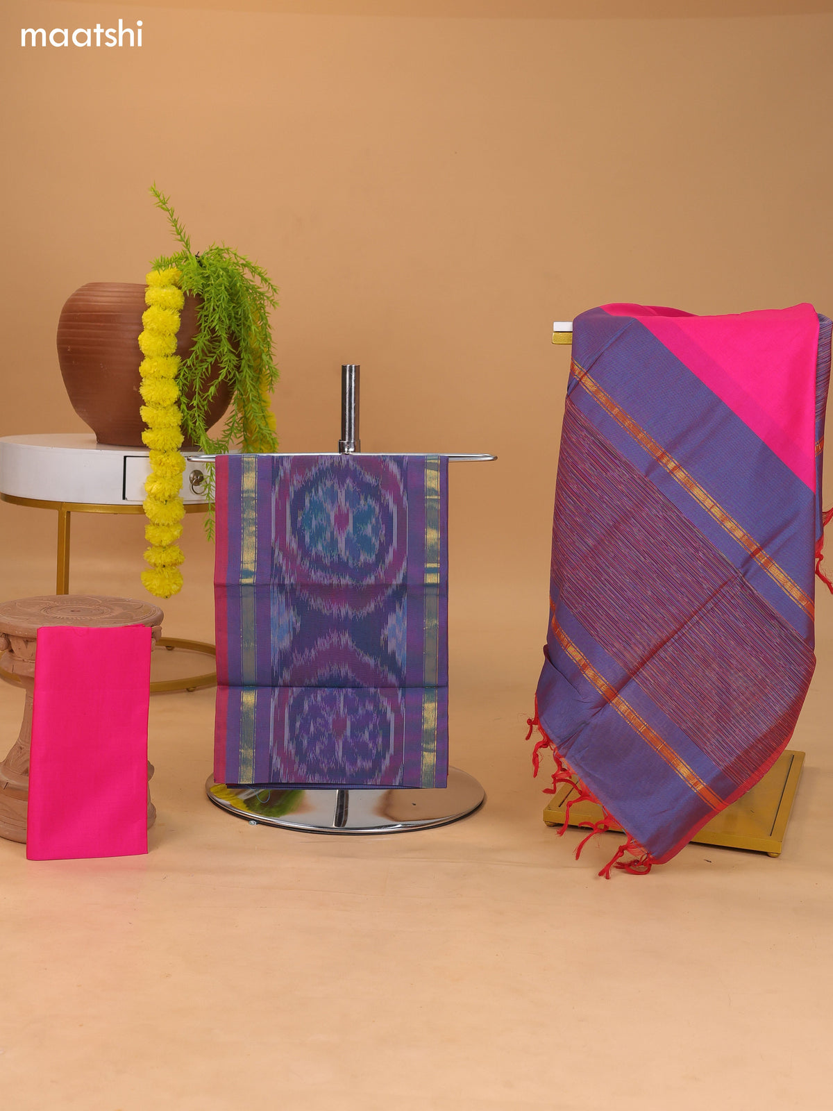 Dual Shade Of Peacock Blue and Dark Pink Ikat Dress Material With Plain Body & Ikat Weaves Border and Bottom & Dupatta