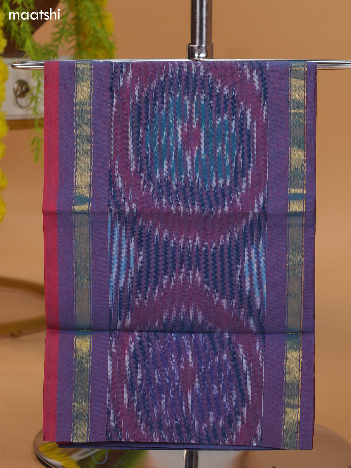 Dual Shade Of Peacock Blue and Dark Pink Ikat Dress Material With Plain Body & Ikat Weaves Border and Bottom & Dupatta