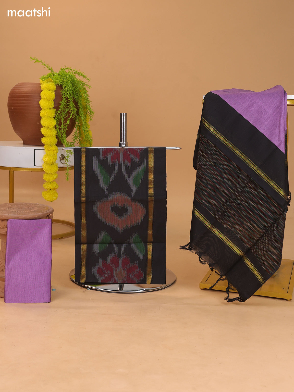 Black and Lavender Ikat Dress Material With Plain Body & Ikat Weaves Border and Bottom & Dupatta