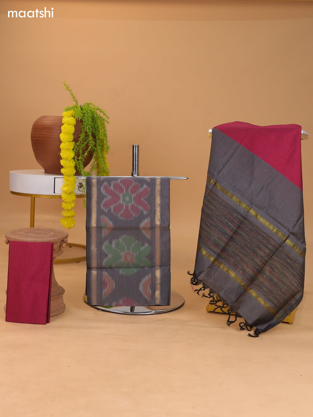 Grey and Magenta Pink Ikat Dress Material With Plain Body & Ikat Weaves Border and Bottom & Dupatta