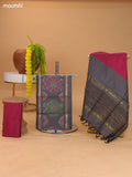 Grey and Magenta Pink Ikat Dress Material With Plain Body & Ikat Weaves Border and Bottom & Dupatta