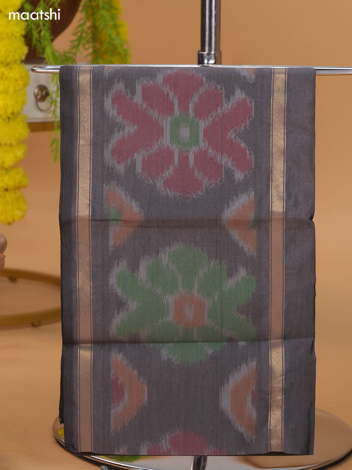 Grey and Magenta Pink Ikat Dress Material With Plain Body & Ikat Weaves Border and Bottom & Dupatta