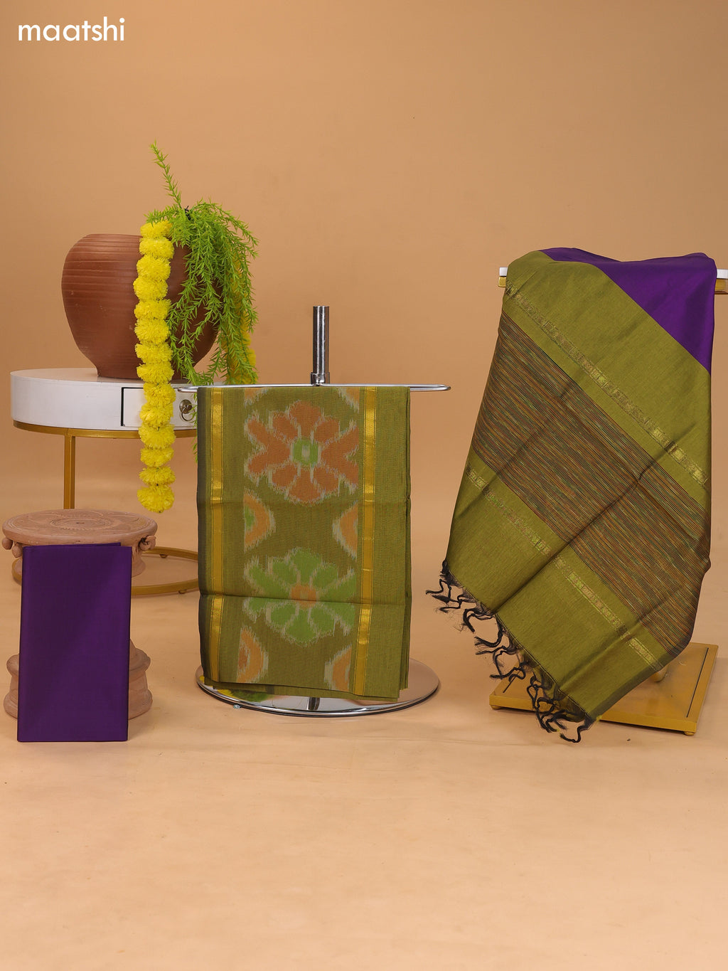 Mehendi Green and Violet Ikat Dress Material With Plain Body & Ikat Weaves Border and Bottom & Dupatta