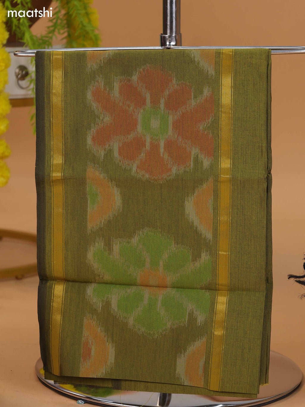 Mehendi Green and Violet Ikat Dress Material With Plain Body & Ikat Weaves Border and Bottom & Dupatta