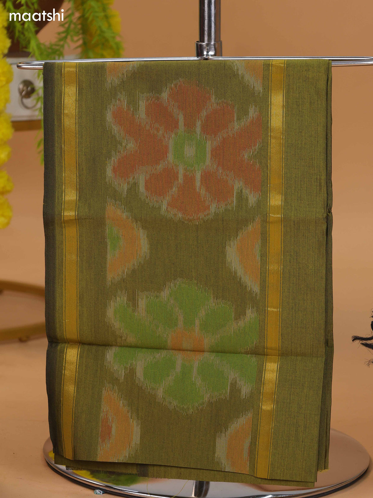 Mehendi Green and Violet Ikat Dress Material With Plain Body & Ikat Weaves Border and Bottom & Dupatta