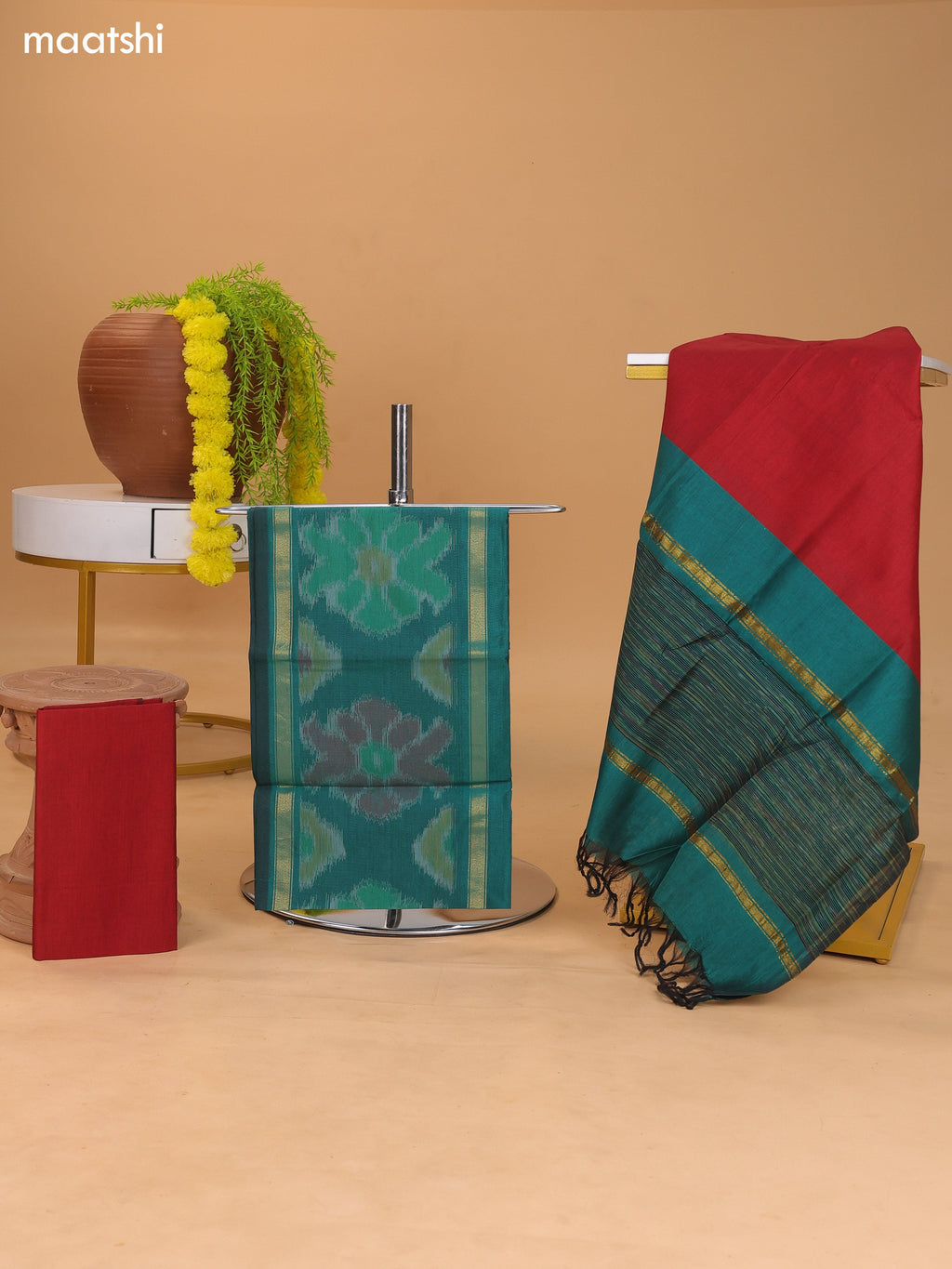 Peacock Green and Red Ikat Dress Material With Plain Body & Ikat Weaves Border and Bottom & Dupatta