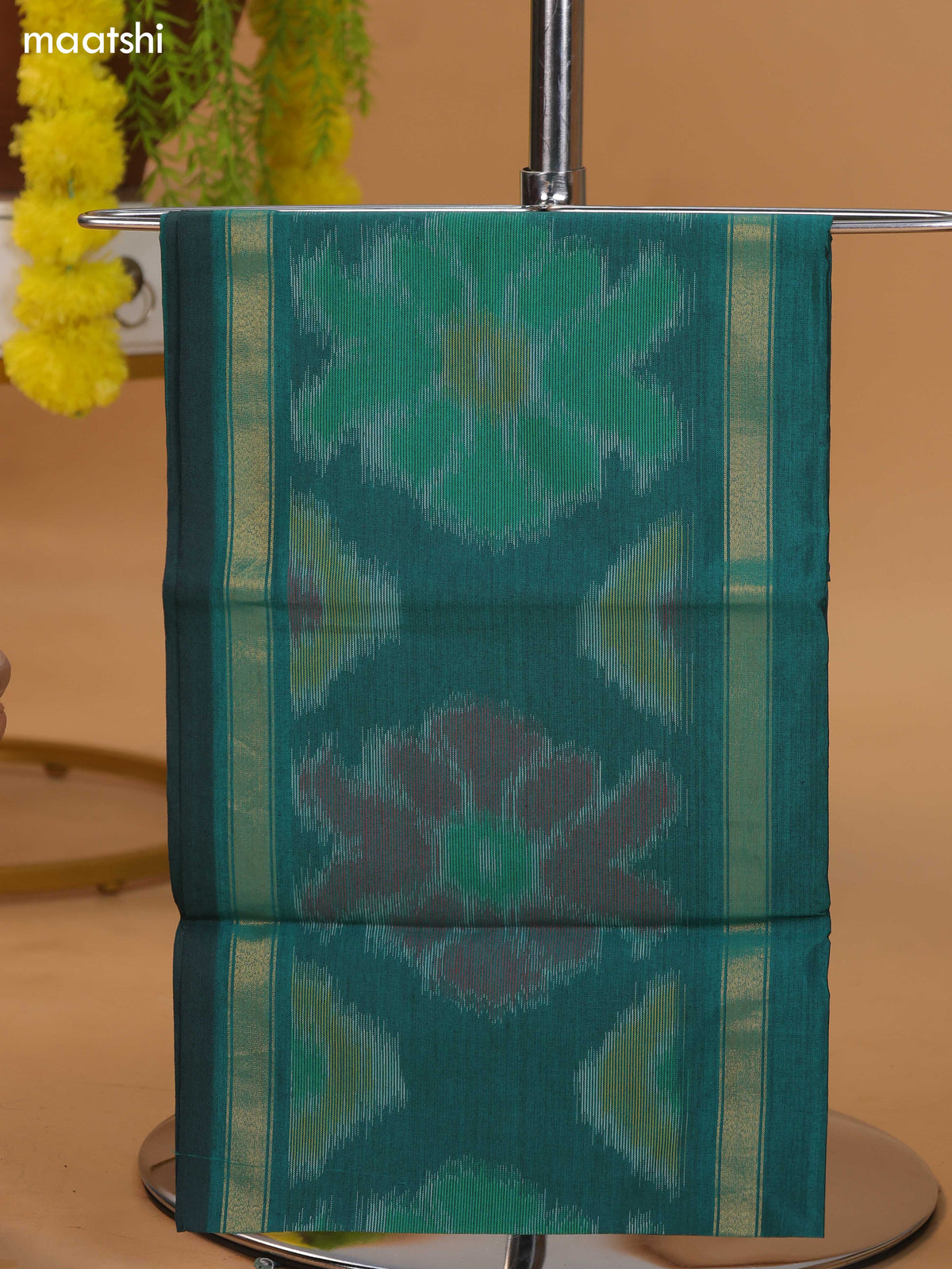 Peacock Green and Red Ikat Dress Material With Plain Body & Ikat Weaves Border and Bottom & Dupatta