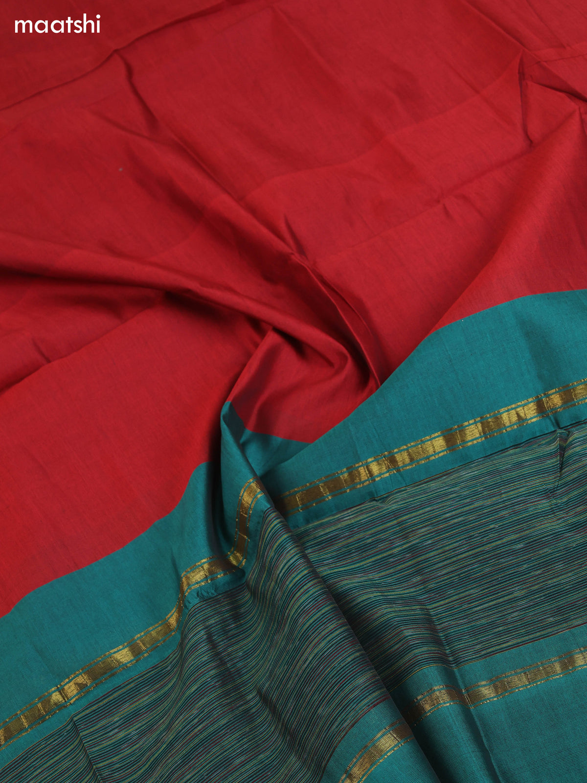Peacock Green and Red Ikat Dress Material With Plain Body & Ikat Weaves Border and Bottom & Dupatta