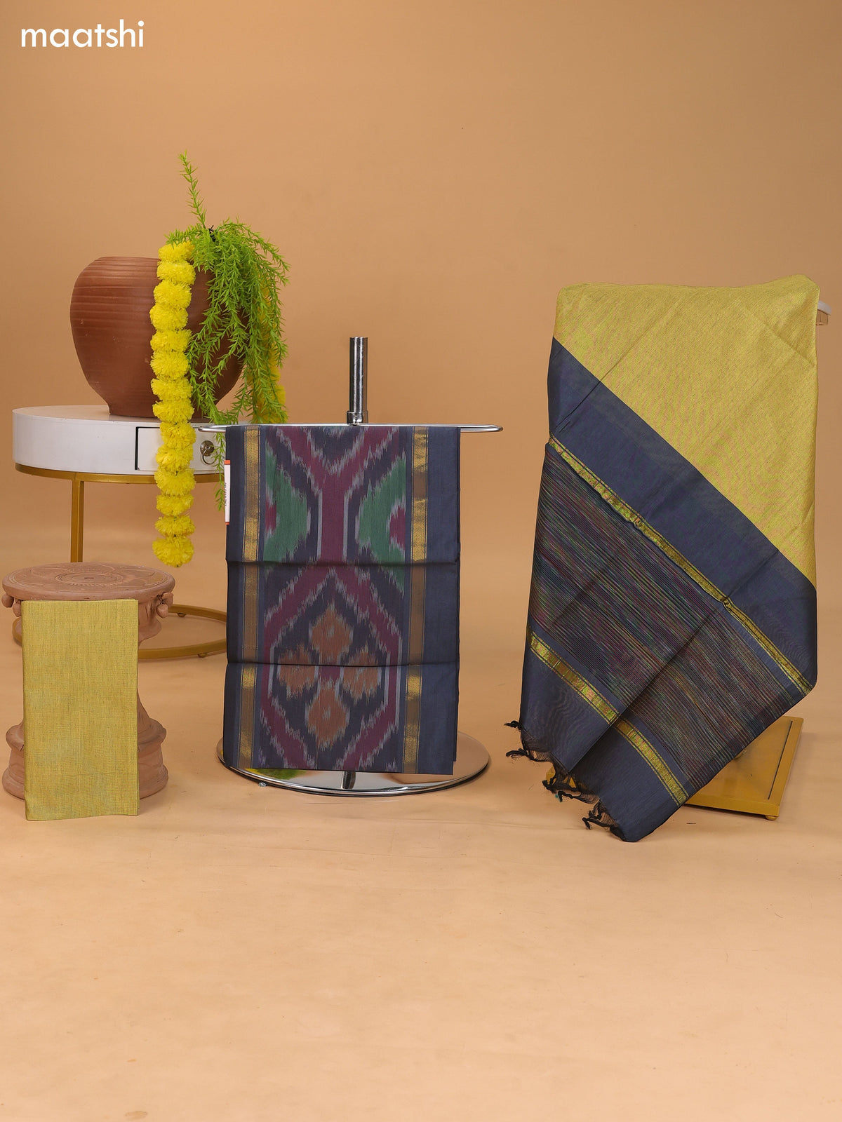 Elephant Grey and Olive Green Ikat Dress Material With Plain Body & Ikat Weaves Border and Bottom & Dupatta