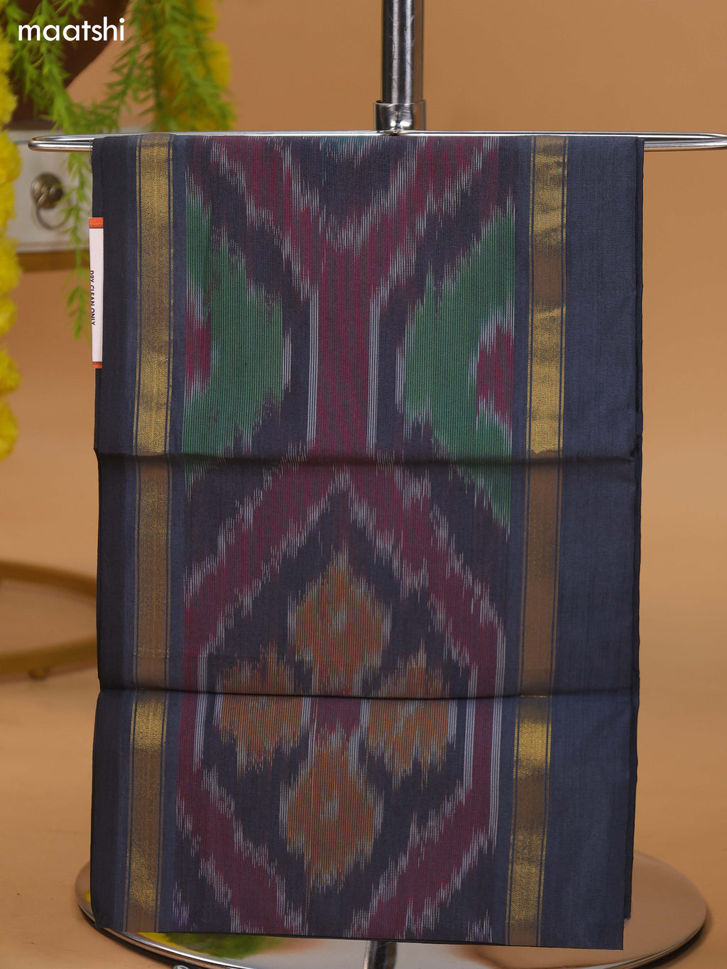 Elephant Grey and Olive Green Ikat Dress Material With Plain Body & Ikat Weaves Border and Bottom & Dupatta