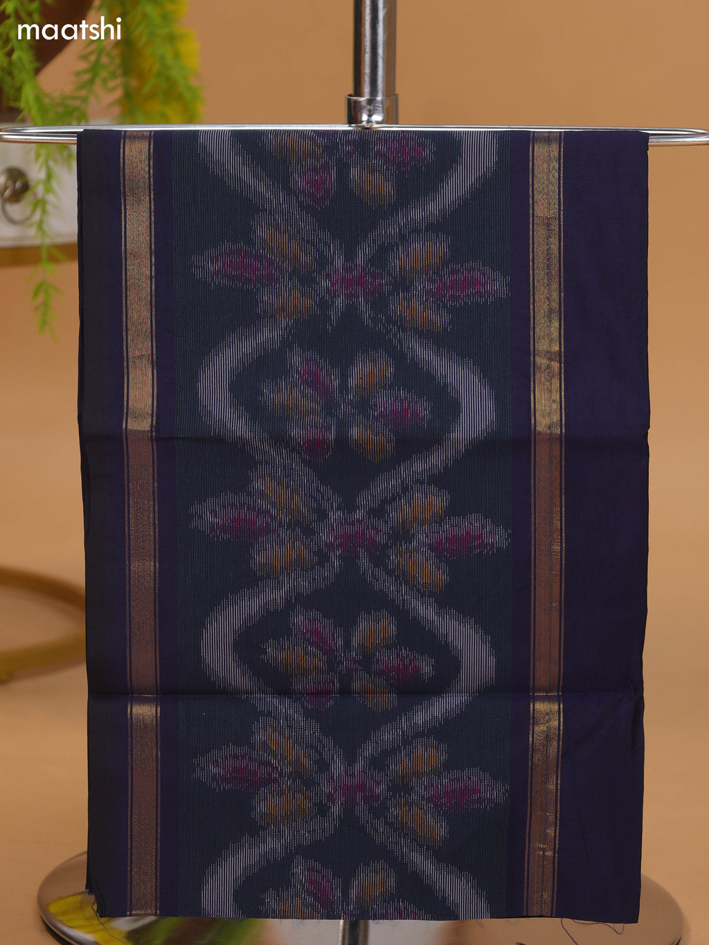 Dual Shade Of Navy Blue and Olive Green Ikat Dress Material With Plain Body & Ikat Weaves Border and Bottom & Dupatta
