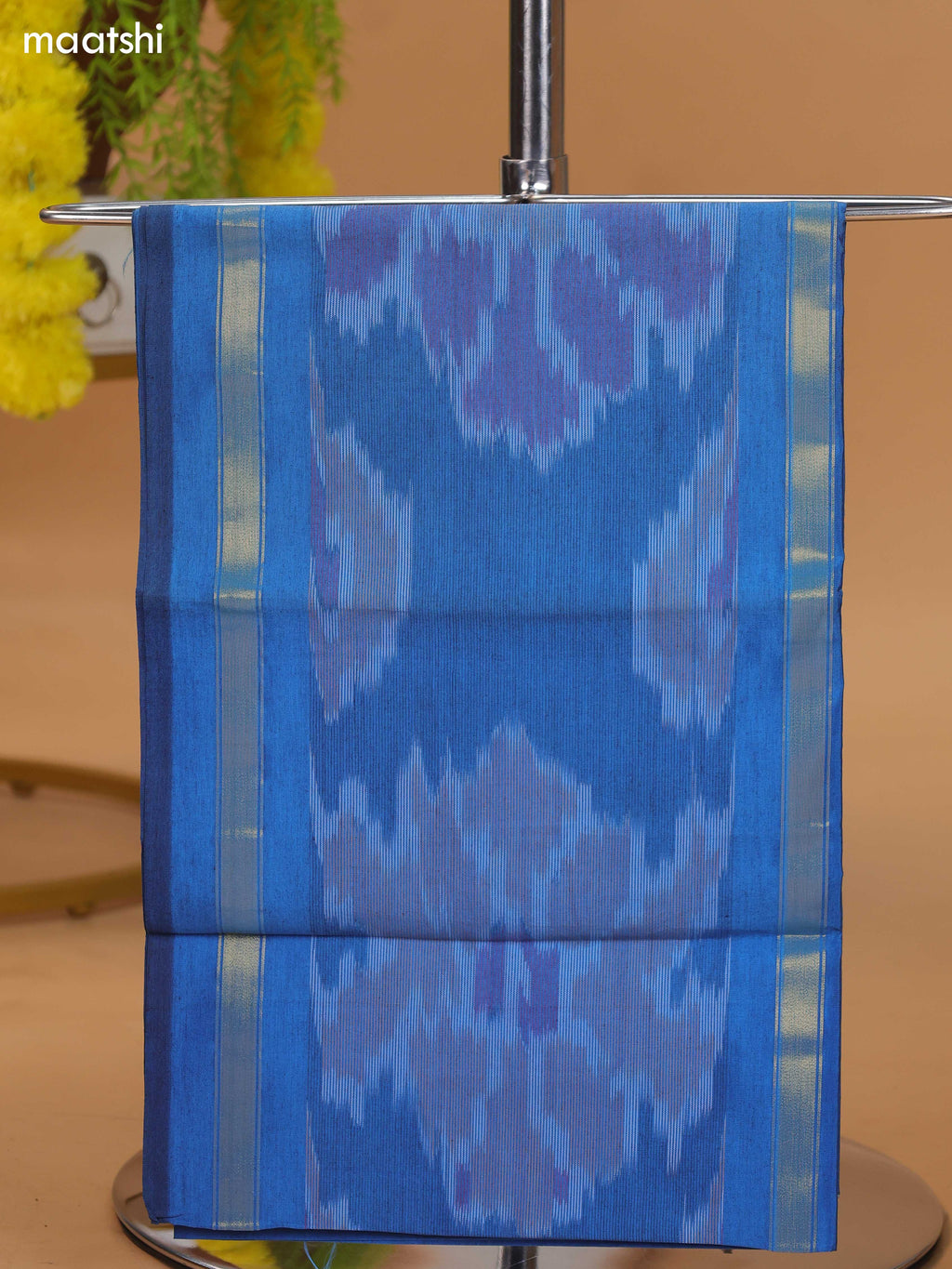 Peacock Blue and Magenta Pink Ikat Dress Material With Plain Body & Ikat Weaves Border and Bottom & Dupatta