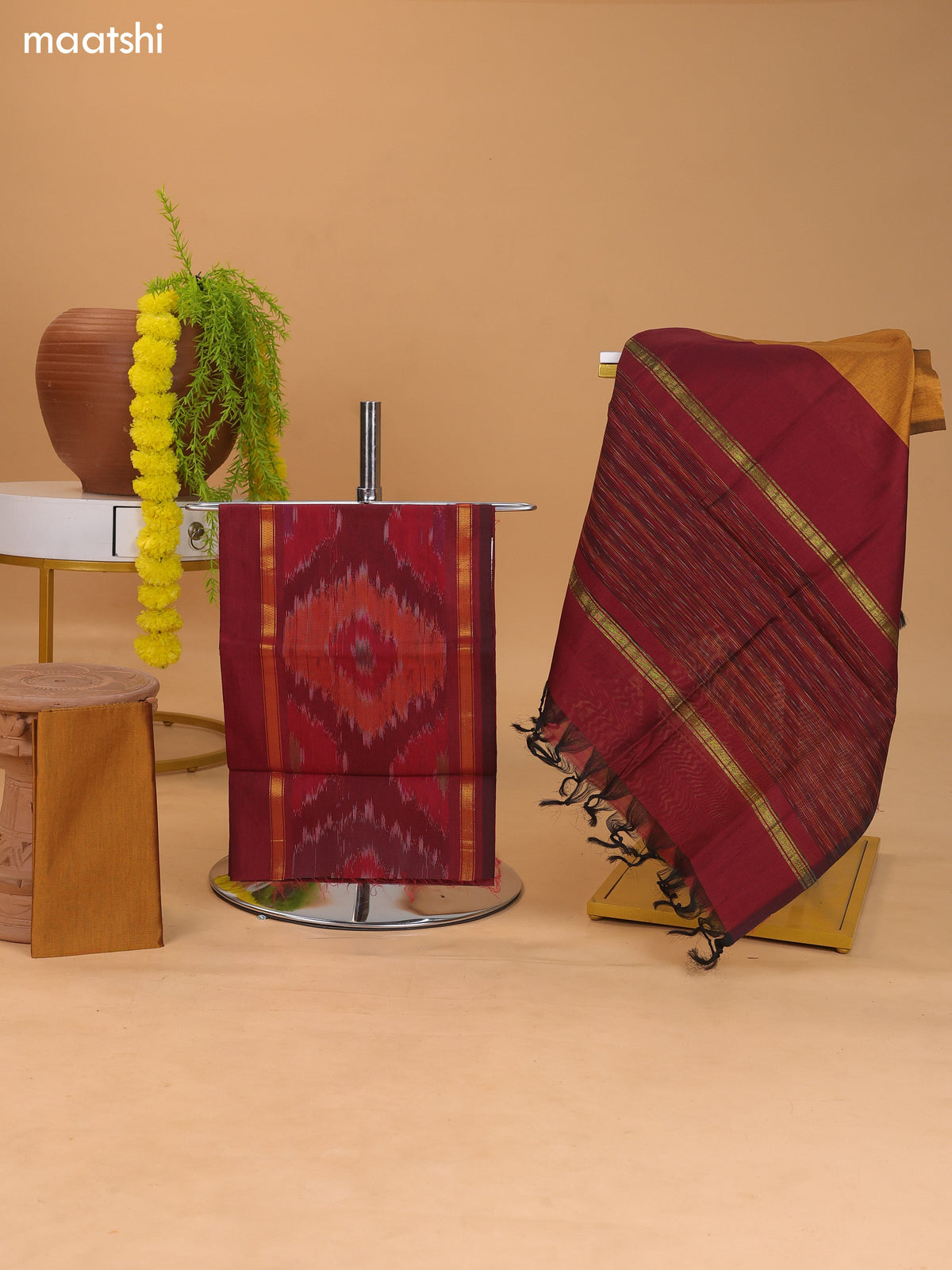 Maroon and Mustard Yellow Ikat Dress Material With Plain Body & Ikat Weaves Border and Bottom & Dupatta