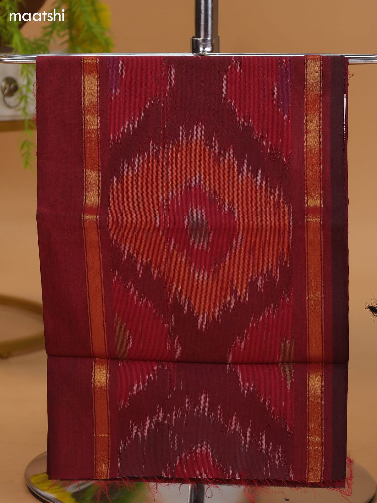 Maroon and Mustard Yellow Ikat Dress Material With Plain Body & Ikat Weaves Border and Bottom & Dupatta
