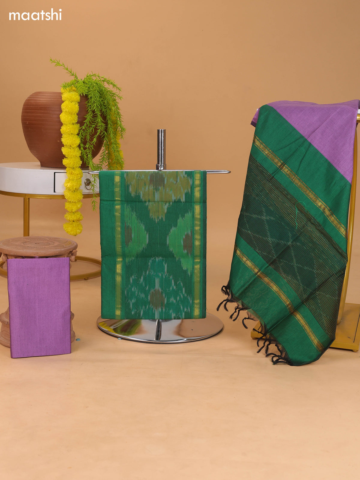 Dark Green and Lavender Ikat Dress Material With Plain Body & Ikat Weaves Border and Bottom & Dupatta
