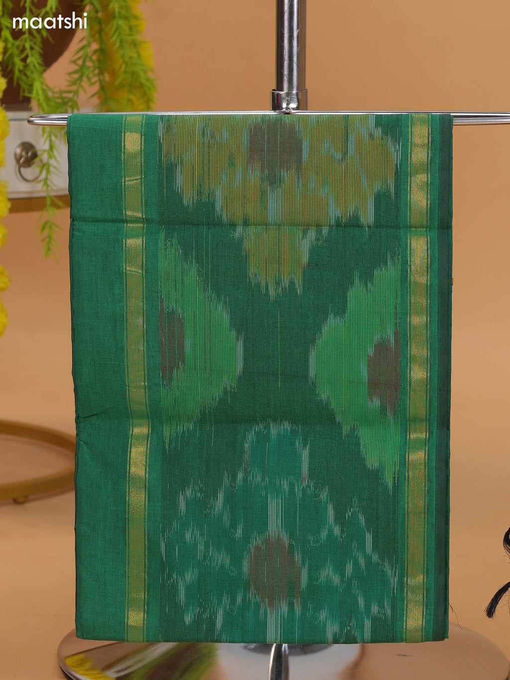 Dark Green and Lavender Ikat Dress Material With Plain Body & Ikat Weaves Border and Bottom & Dupatta
