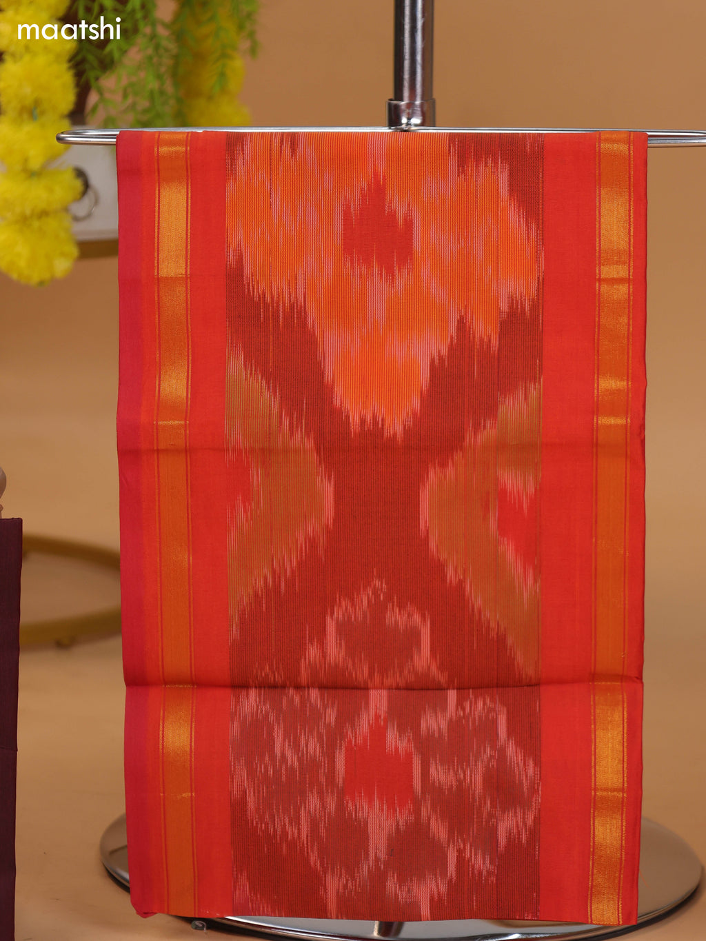 Rustic Orange and Brown Ikat Dress Material With Plain Body & Ikat Weaves Border and Bottom & Dupatta