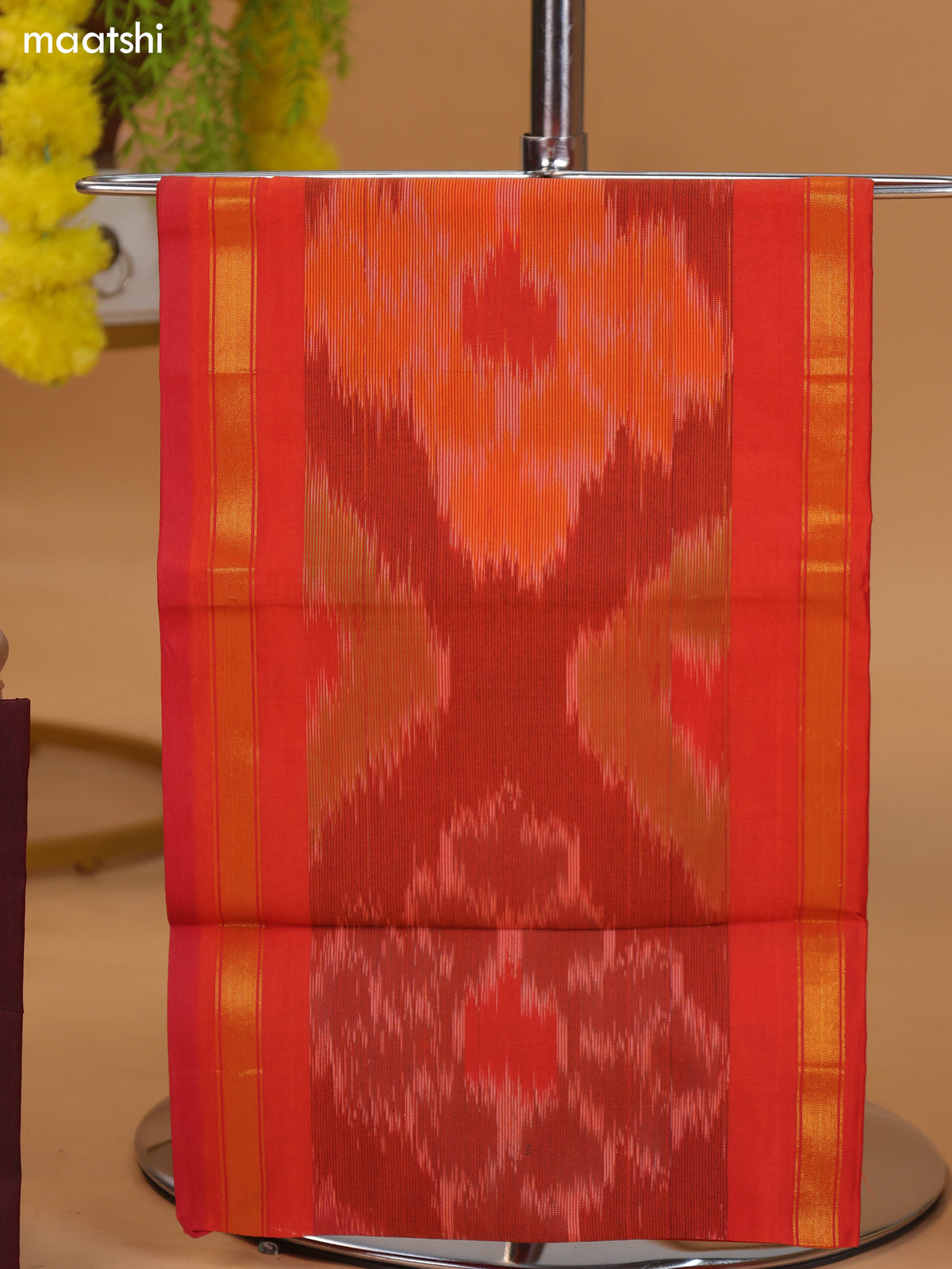 Rustic Orange and Brown Ikat Dress Material With Plain Body & Ikat Weaves Border and Bottom & Dupatta